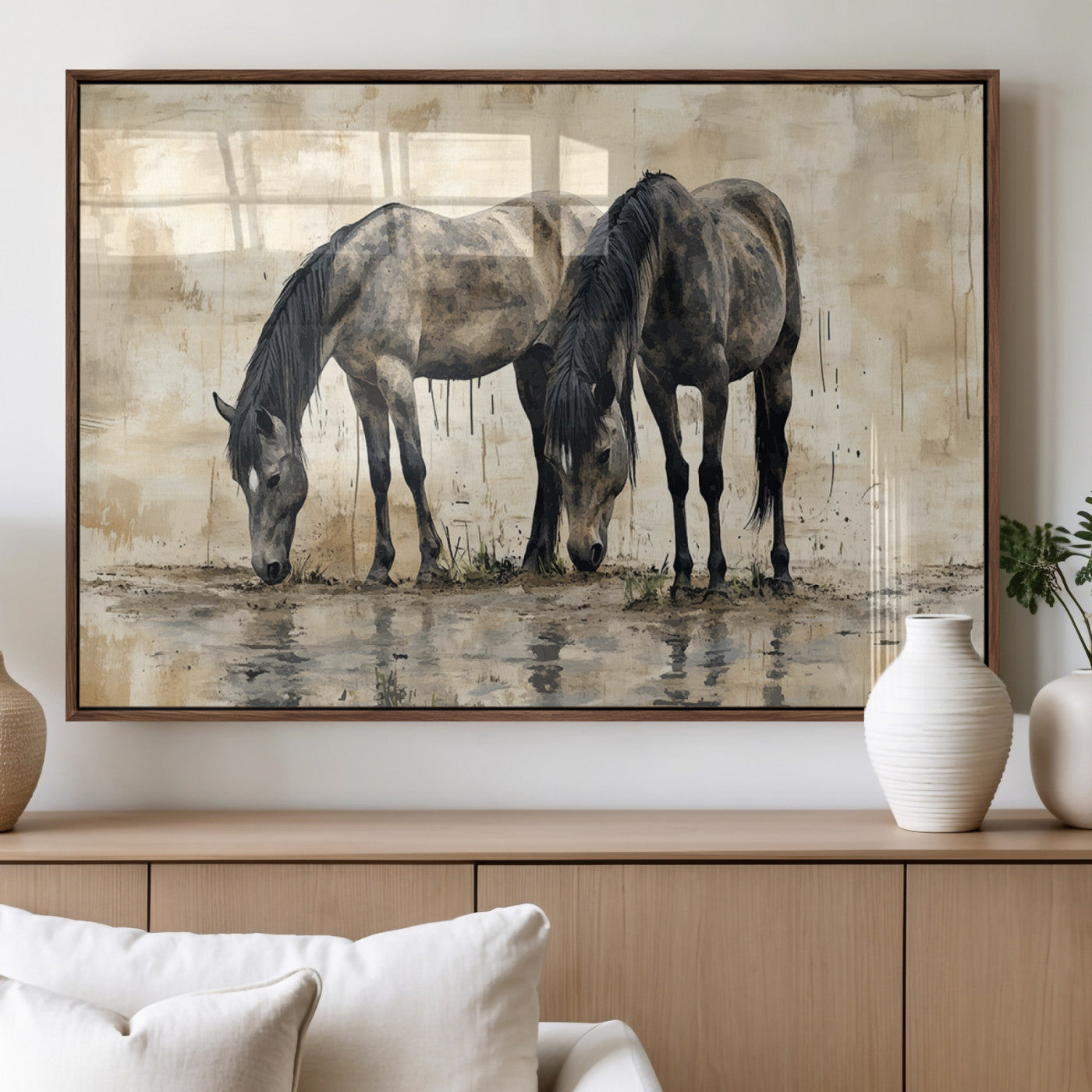 MGV-FP-60X30-3P - Chinese Style Abstract Black Horses Wall Art Canvas Print - Abstract Horse Wall Art Canvas Print