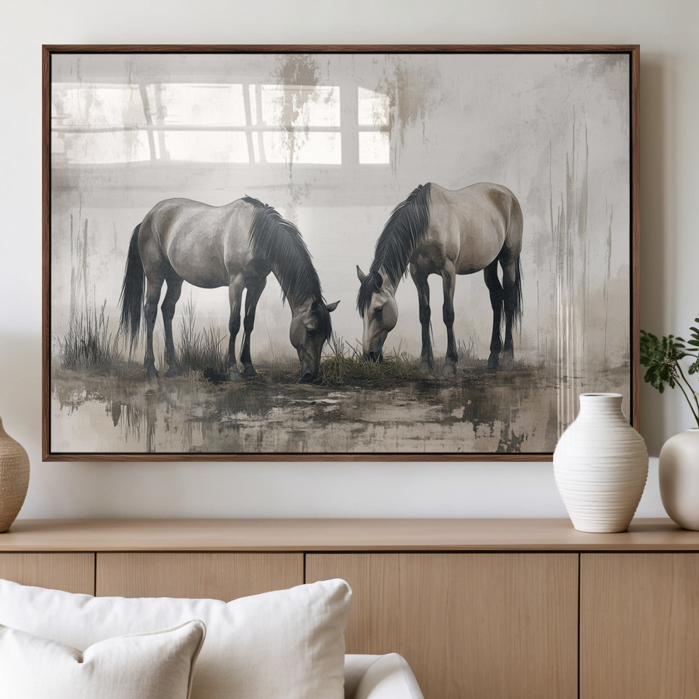 MGV-FP-60X30-3P - Chines Ink Style Vintage Horses Wall Art Canvas Print for Farmhouse Wall Decor