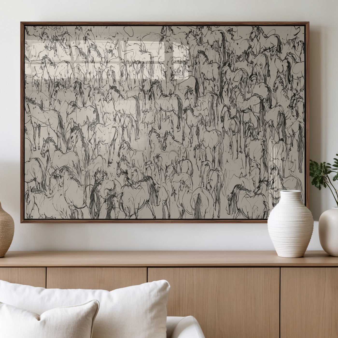 25718-MGV-FP-60X30-3P_Walnut-Abstract Horse Sketch Wall Art | Ready to Hang and Framed | Farmhouse Wall Decor for Living Room or