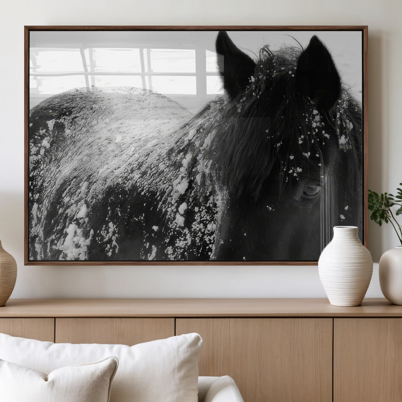 MGV-FP-60X30-3P - Black Horse in Snow Canvas Print | Winter Horse Wall Art | Ready to Hang and Framed | Farmhouse Wall
