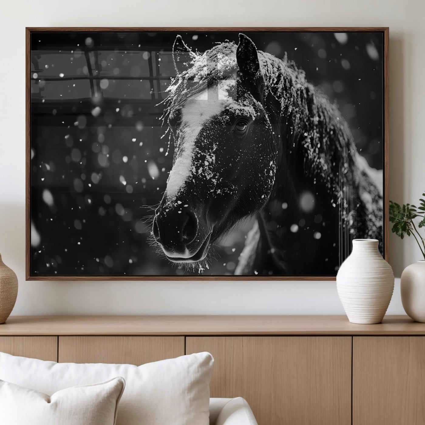 MGV-FP-60X30-3P - Winter Horse Wall Art | Black and White Horse Print | Ready to Hang and Framed | Farmhouse Wall Art