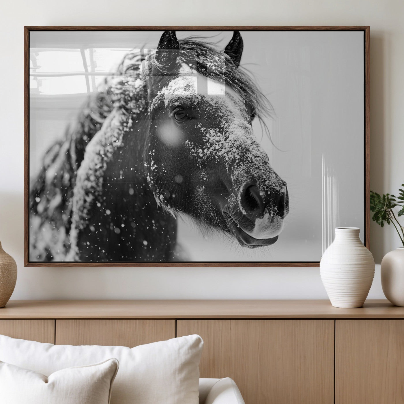 MGV-FP-60X30-3P - Winter Horse Canvas Print | Large 3-Panel Black White Equine Photography for Rustic Farmhouse Wall