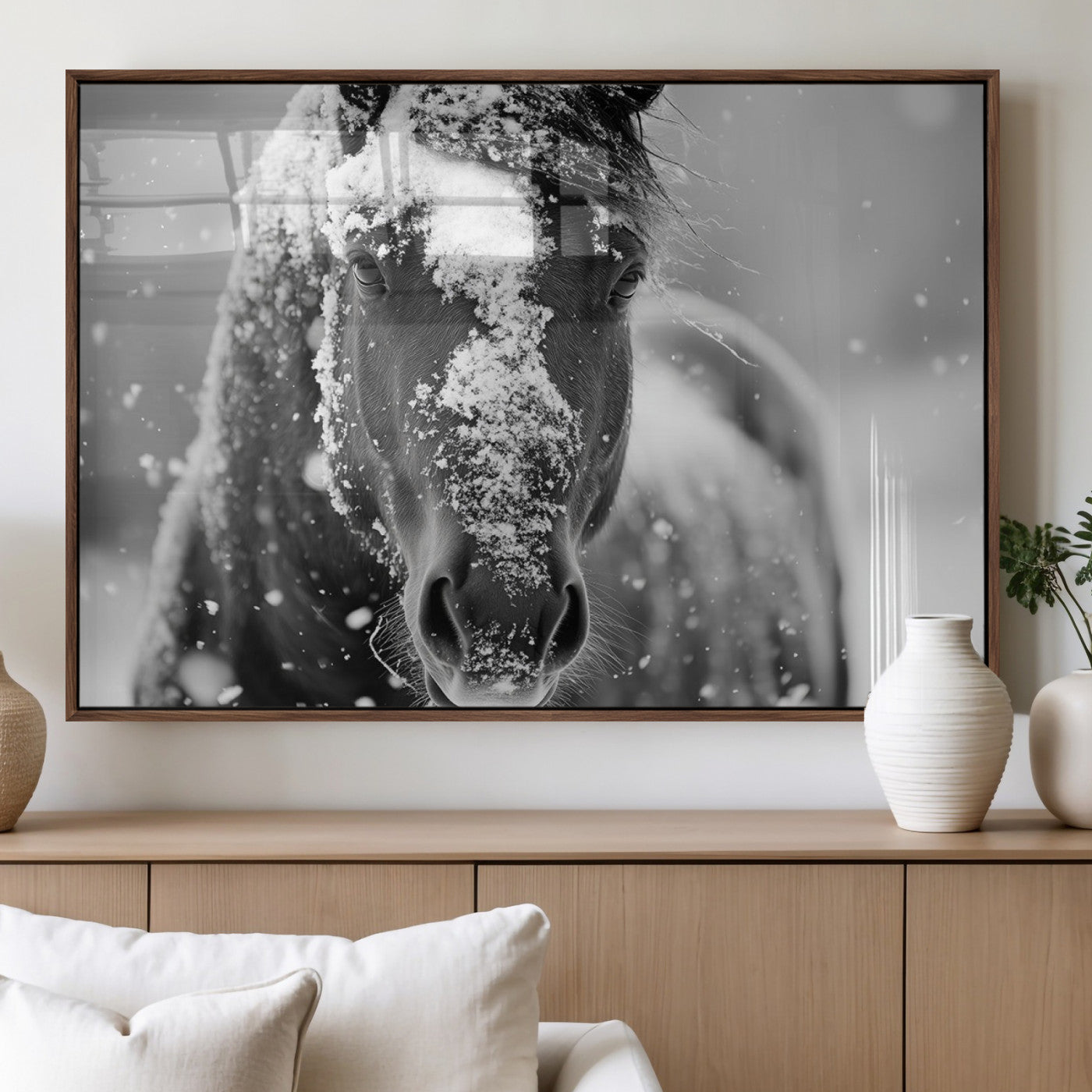 MGV-FP-60X30-3P - Black and White Horse Winter Wall Art | Ready to Hang and Framed | Farmhouse Wall Decor | Western