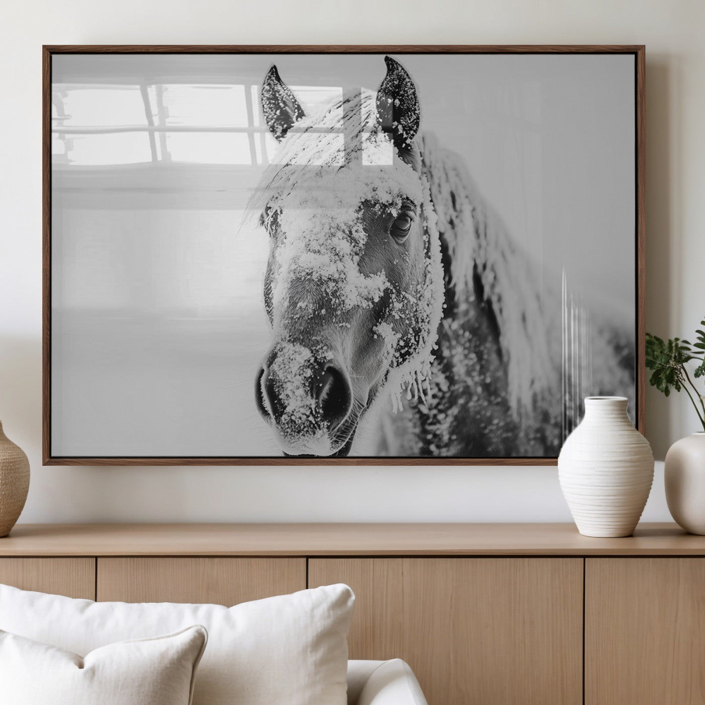 MGV-FP-36X24-3P - White Horse Wall Art | Ready to Hang and Framed | Winter Horse Wall Art Print for Farmhouse and