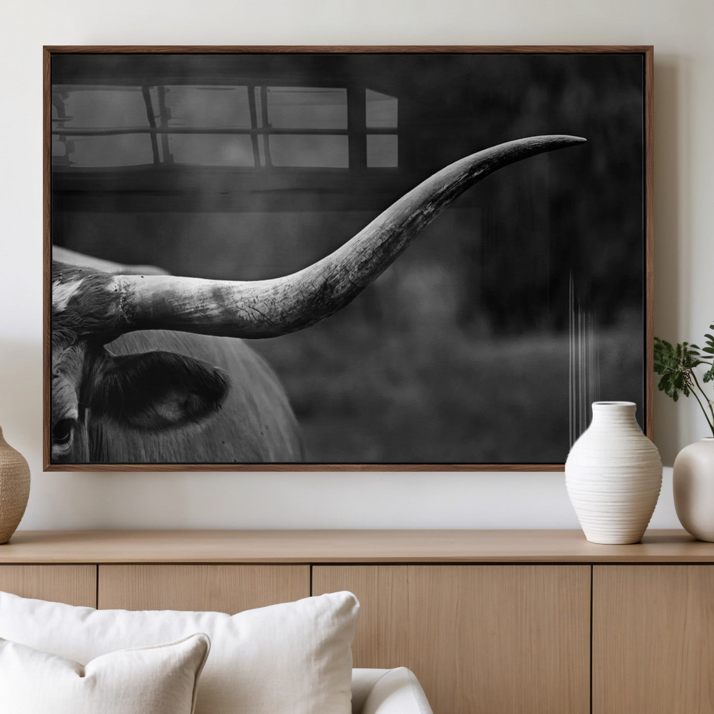 MGV-FP-60X30-3P - Cow Longhorn Wall Art | Black and White Print | Ready to Hang and Framed | Farmhouse Wall Decor |