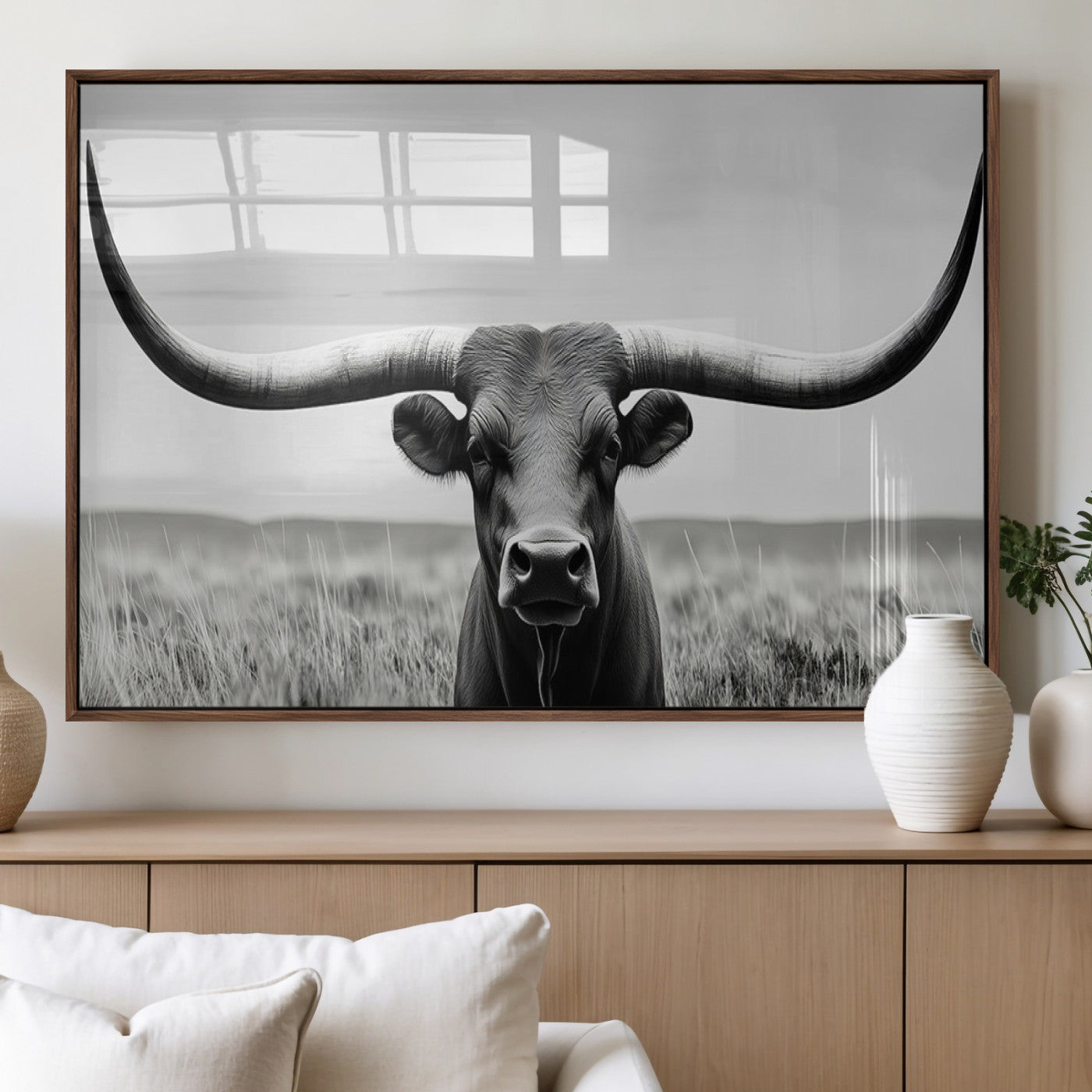 73780-MGV-FP-36X24-3P_Walnut-Longhorn Bull Canvas Print | Rustic Farmhouse Wall Art | Western Decor | Ready to Hang and Framed