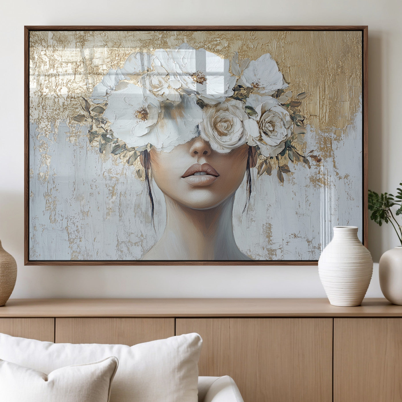 MGV-FP-36X24-3P - Golden Petal Wall Art - Canvas Print Flower Head Woman Painting Floral Woman Portrait Wall Decor,
