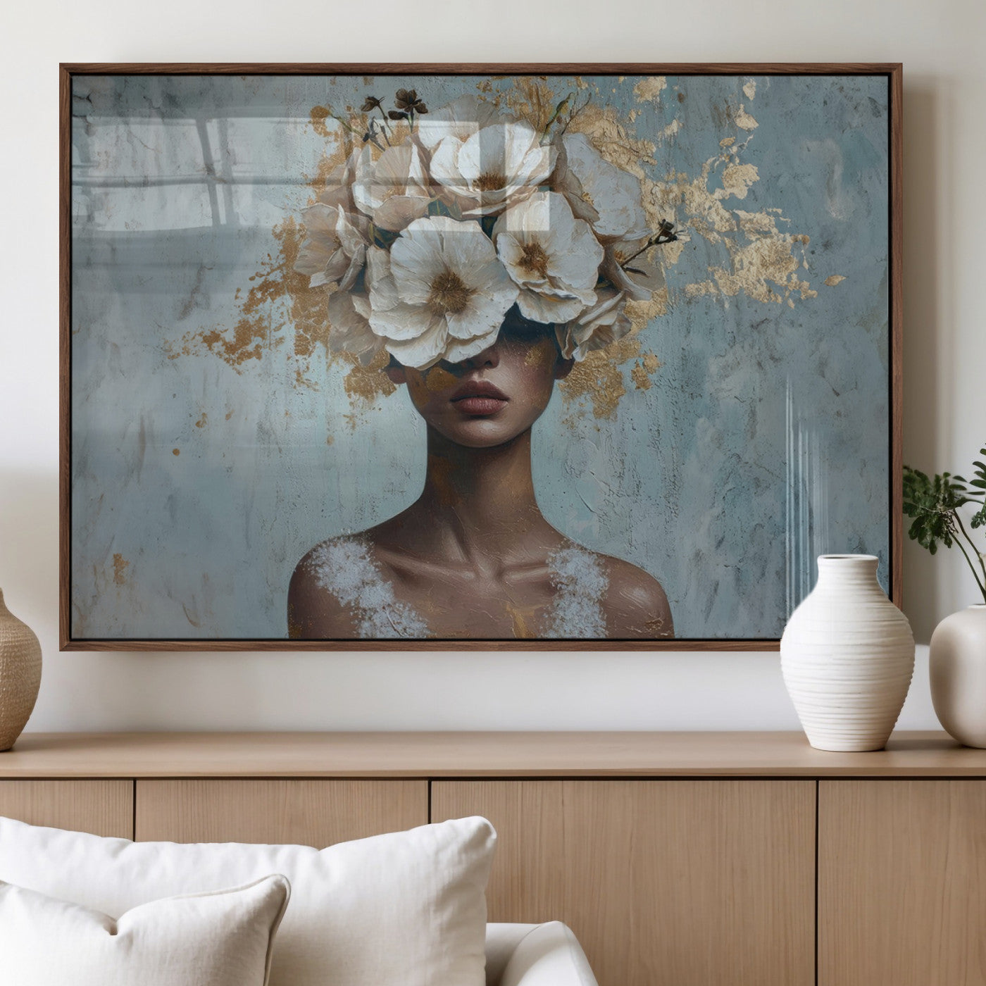 MGV-FP-36X24-3P - Golden Petal Wall Art - Petal Silhouette Woman Wall Art Canvas Print | Large 3-Panel Canvas with