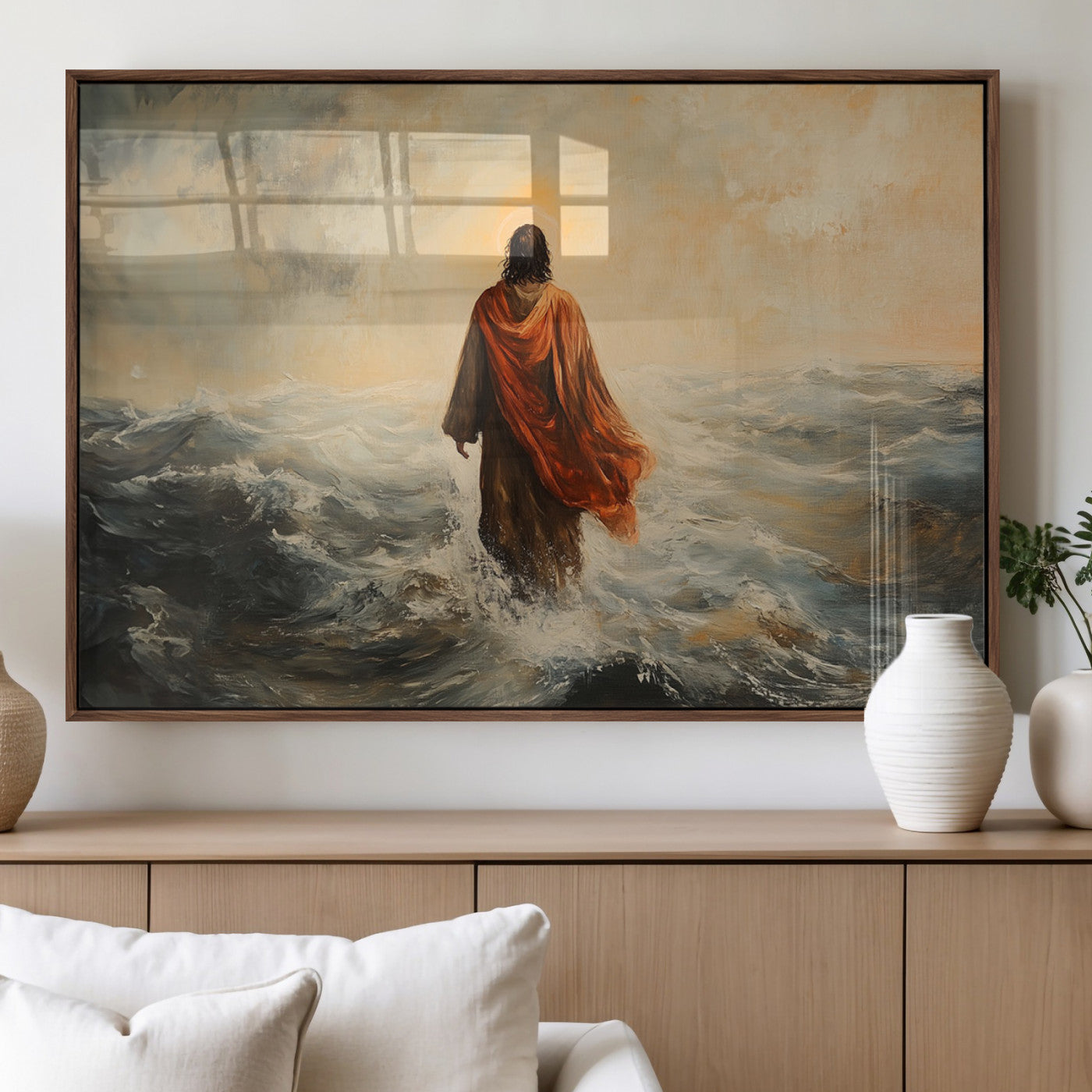 MGV-FP-60X30-3P - Jesus Walking on Water, Christian Wall Art, Jesus Christ Walking on Oil Painting Style Print