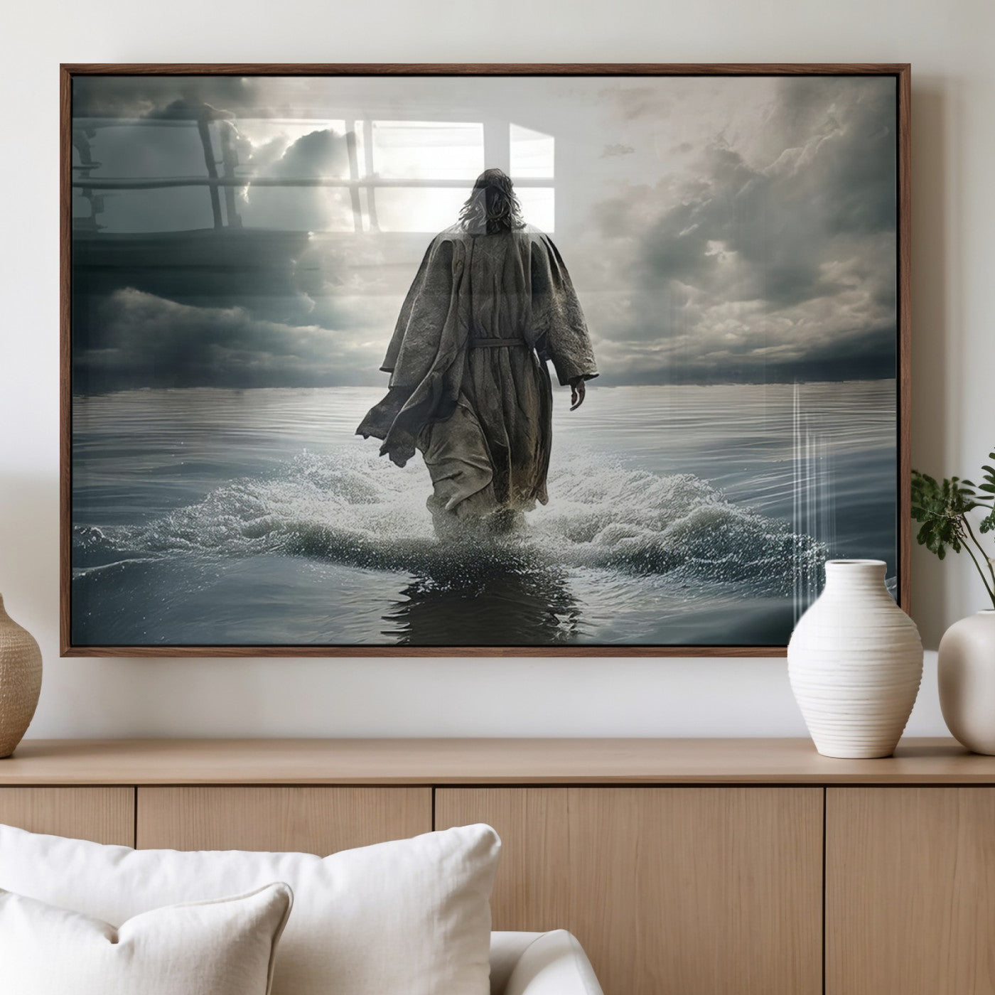 MGV-FP-60X30-3P - Jesus Walking on Water Wall Art | Canvas Print | Ready to Hang | Christian Home Decor | Spiritual