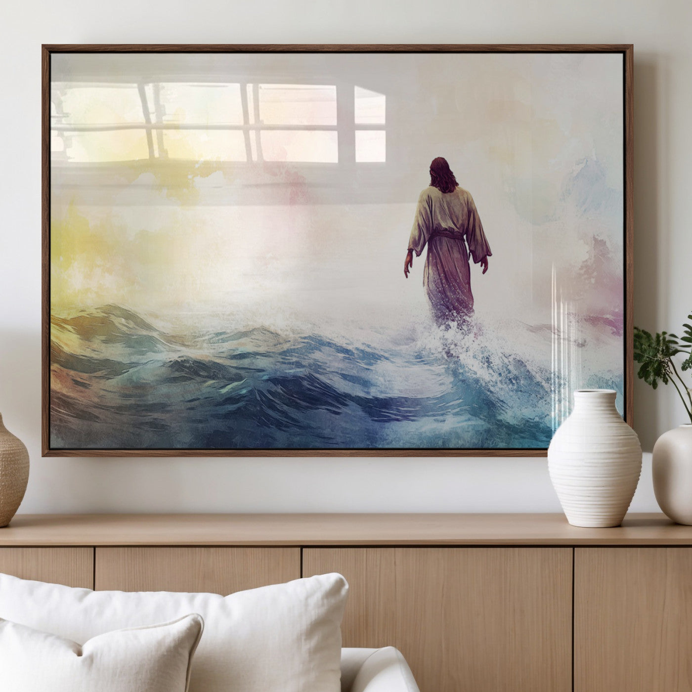 MGV-FP-60X30-3P - Watercolor Jesus Walking on Water Canvas Print, Christian Wall Art, Jesus Christ Walking