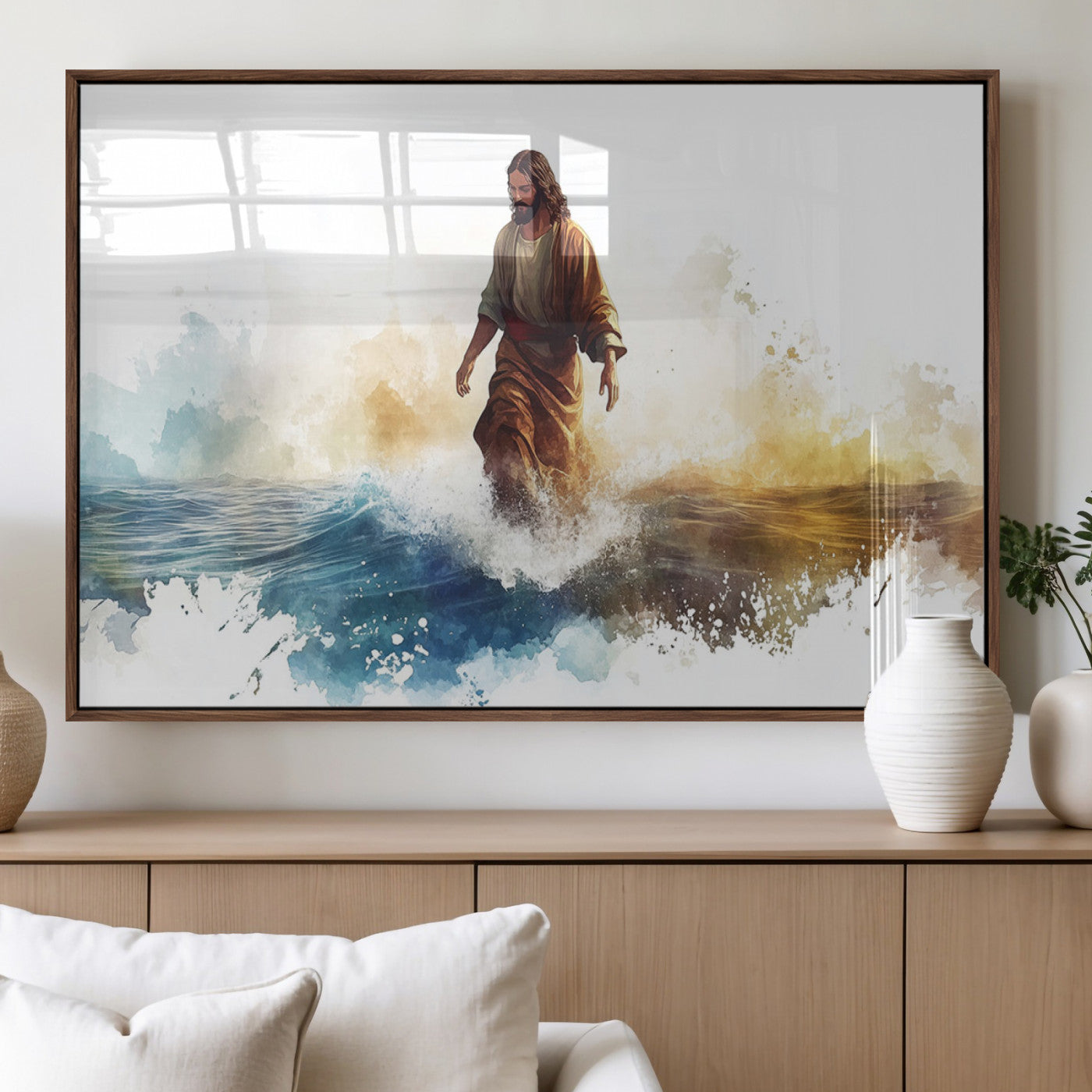 MGV-FP-60X30-3P - Watercolor Jesus Walking Wall Art Print, Jesus Water Canvas Print, Christian Wall Art, Jesus Christ