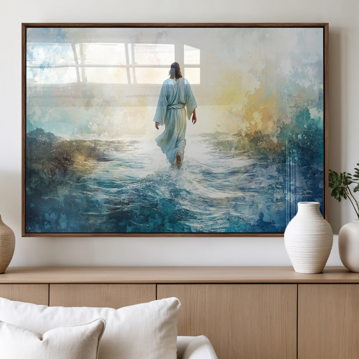 MGV-FP-60X30-3P - Watercolor Jesus Walking on Water Canvas Print, Christian Wall Art, Jesus Christ Walking