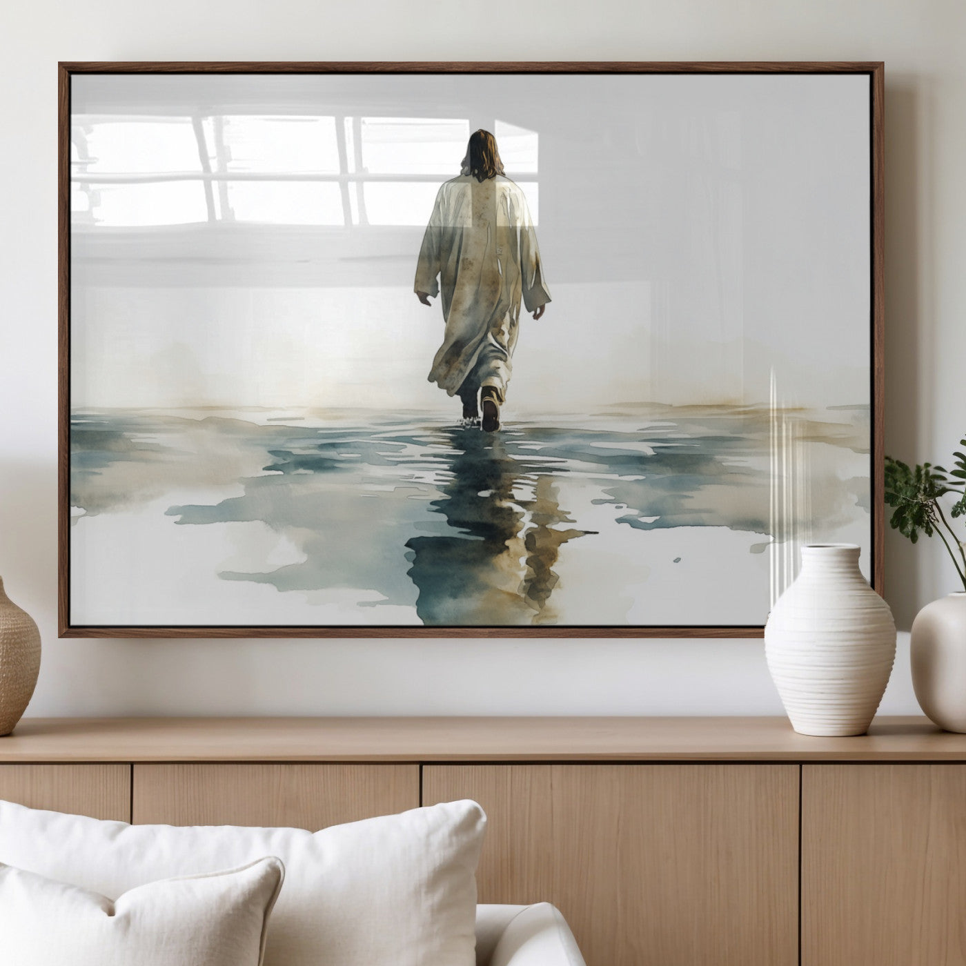 MGV-FP-60X30-3P - Watercolor Jesus Walking on Water Canvas Print, Christian Wall Art, Jesus Christ Walking