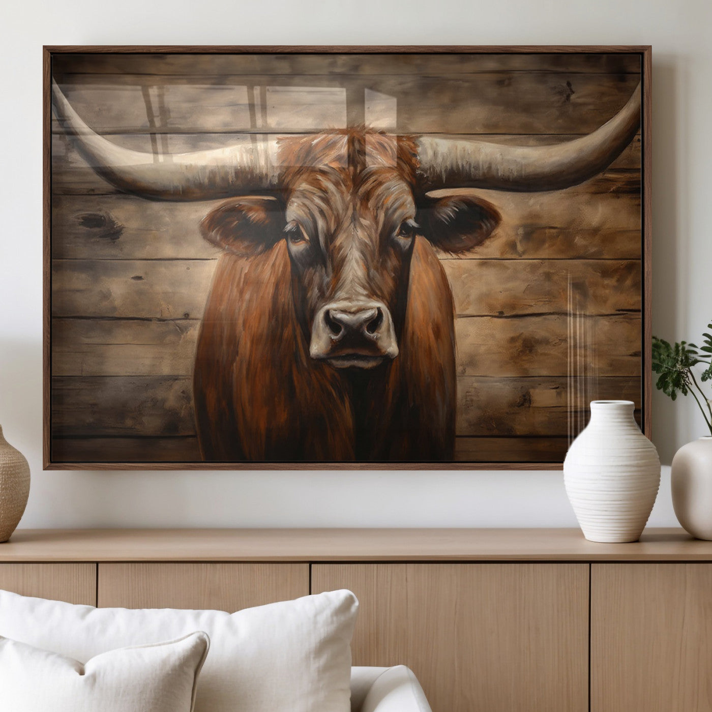 77556-MGV-FP-60X30-3P_Walnut-Longhorn Bull Wall Art | Canvas Print | Ready to Hang | Rustic Farmhouse Wall Decor | Western Barn