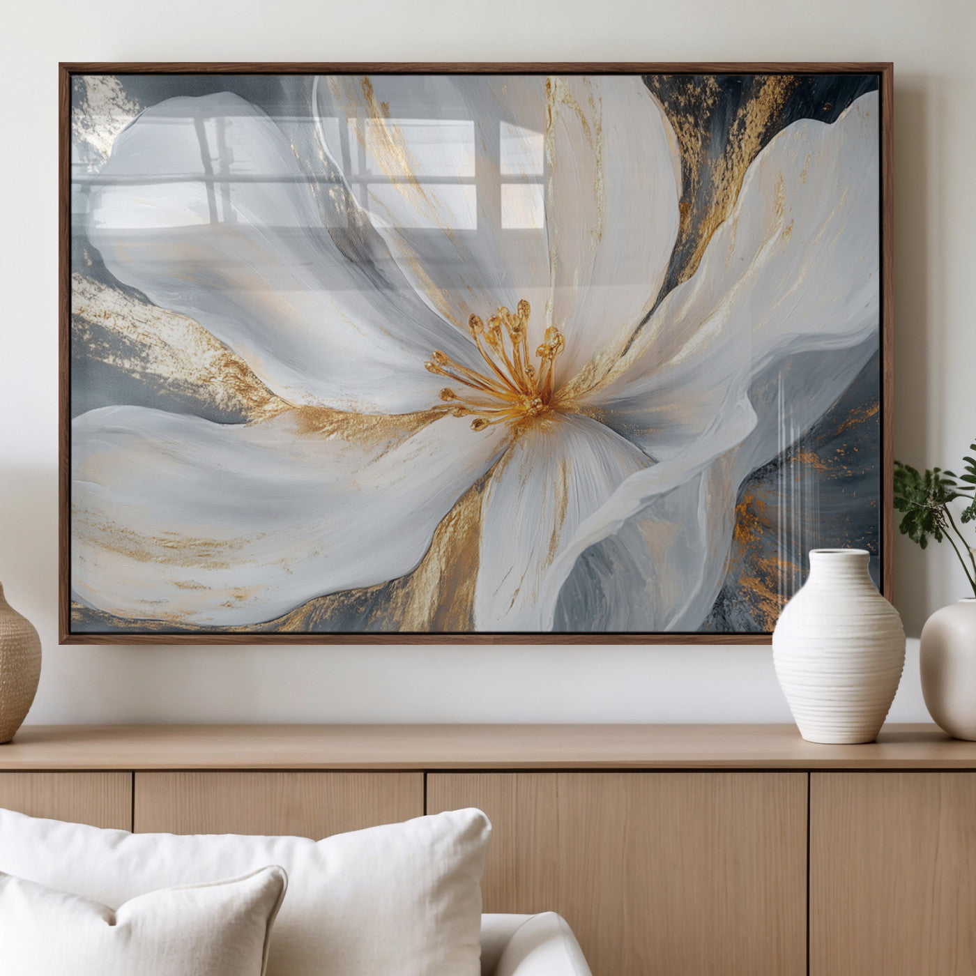 MGV-FP-60X30-3P - White and Gold Floral Canvas Wall Art - Framed and Ready to Hang - Perfect for Modern Living Rooms