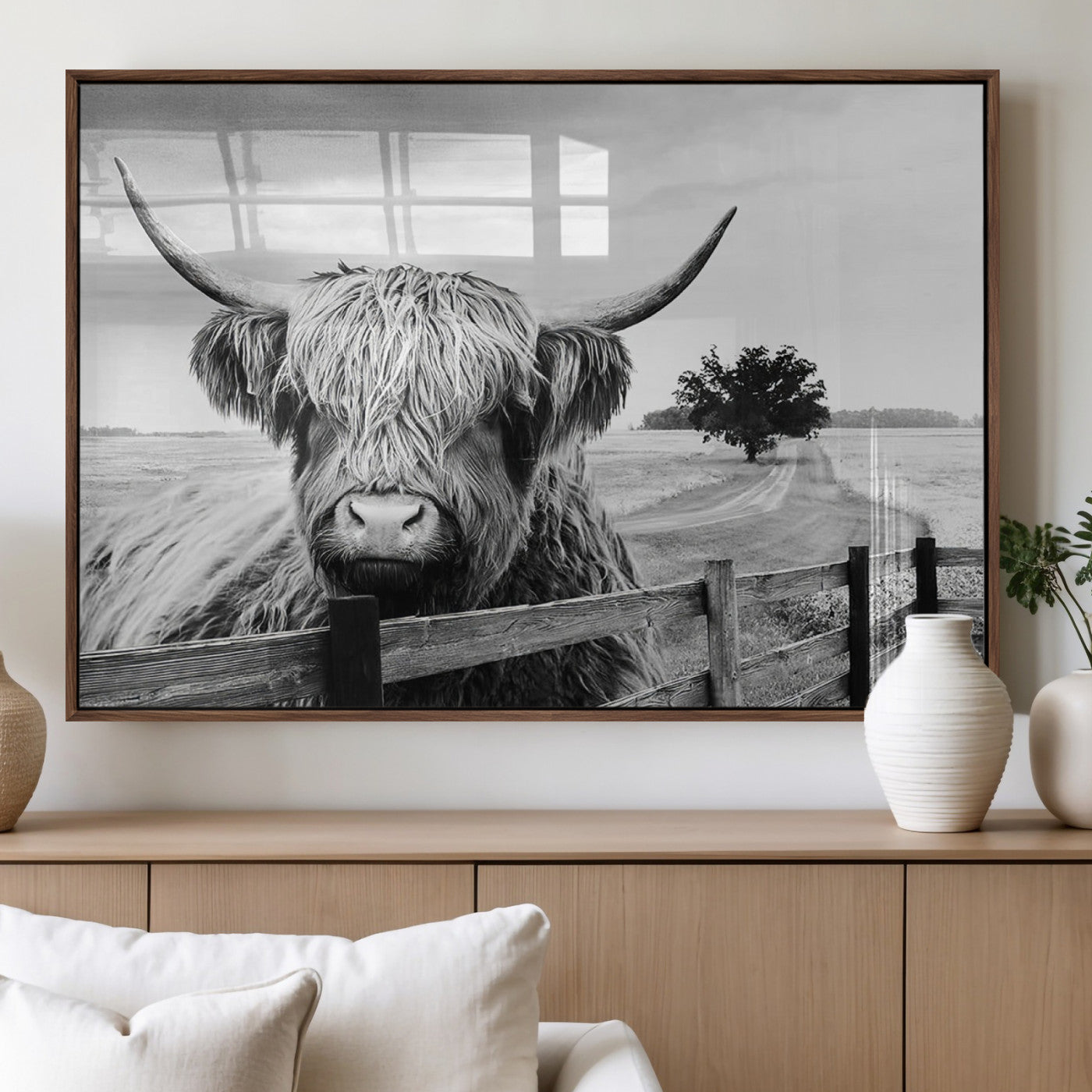 MGV-FP-60X30-3P - Scottish Highland Cow Wall Art | Rustic Farmhouse Décor | Black and White Ready to Hang Canvas Print