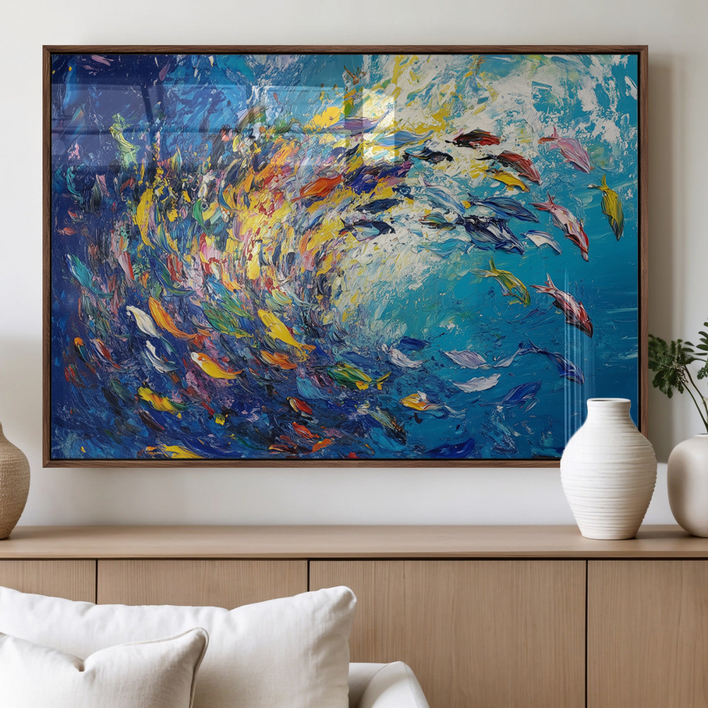 MGV-FP-60X30-3P - Colorful Swirling Fish School Wall Art Canvas Print | Oceanic Abstract Painting | Ready to Hang |