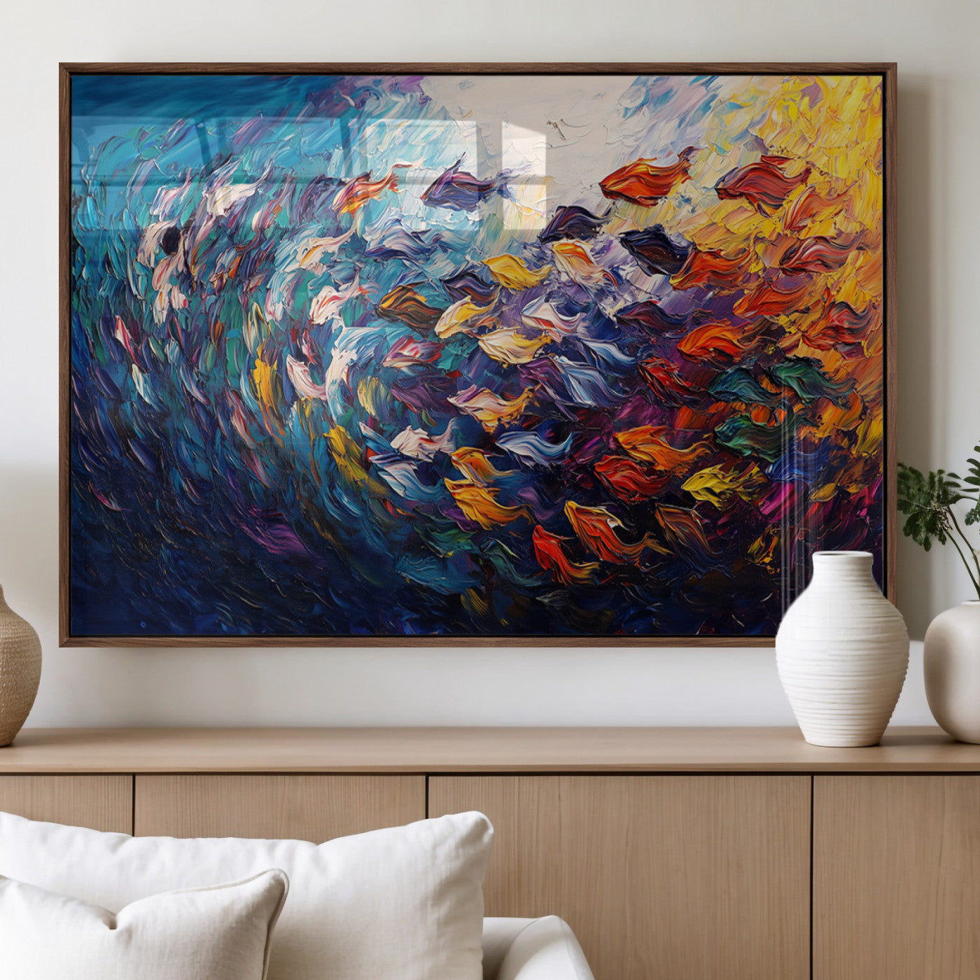 MGV-FP-60X30-3P - Vibrant Abstract Fish Swarm Art – Colorful Fish Inspired 3-Piece Canvas Wall Art for Living Room or