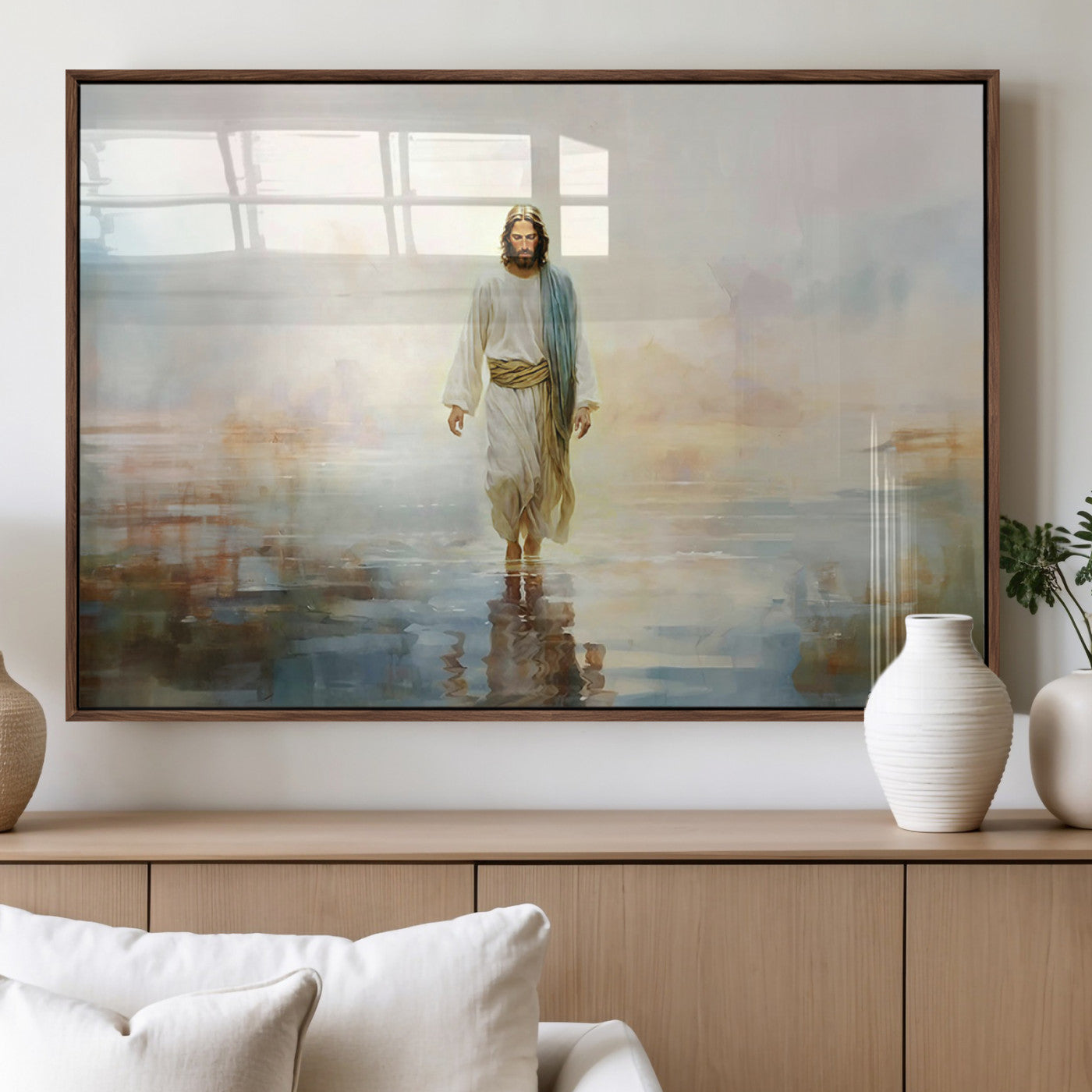MGV-FP-60X30-3P - Framed Jesus Walking on Water Wall Art - 3-Panel Christian Canvas Prints, Religious Artwork for