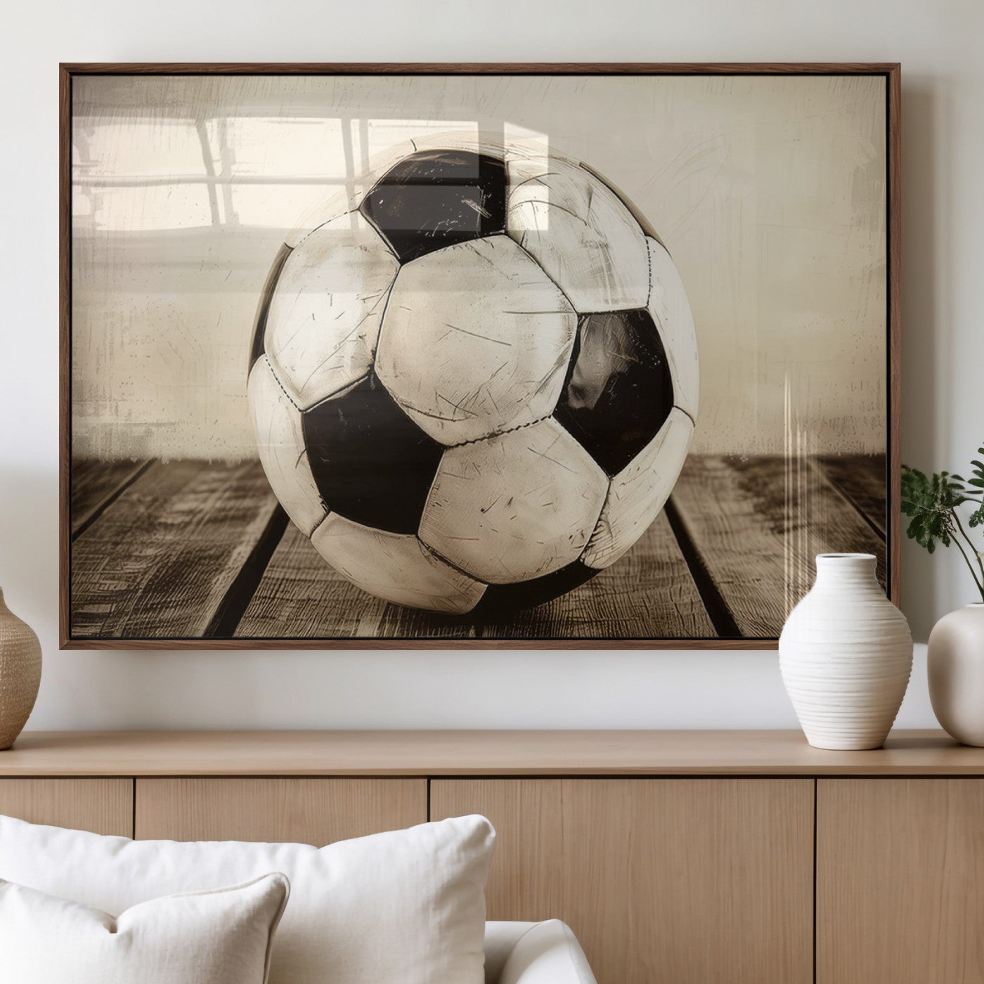 MGV-FP-60X30-3P - Vintage Soccer Ball Wall Decor Canvas Art – 3-Panel Soccer Wall Decor, Framed and Ready to Hang