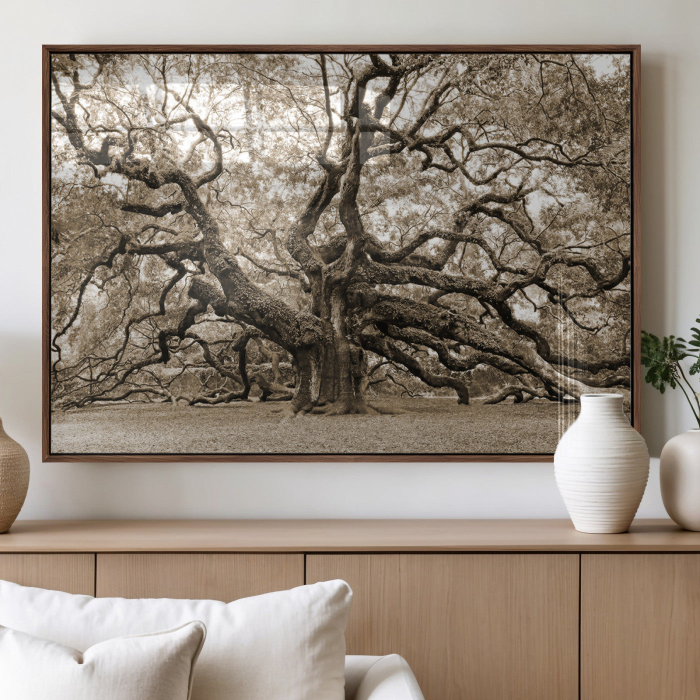 51126-MGV-FP-60X30-3P_Walnut-Sepia Framed Angel Oak Tree Wall Art - 3-Panel Canvas Prints, Large Green Nature Artwork, Ready to