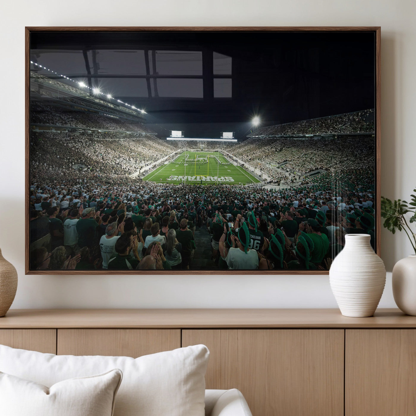 MGV-FP-60X30-3P - Framed Michigan State Spartans Football Team Print - East Lansing Spartan Stadium Wall Art Canvas