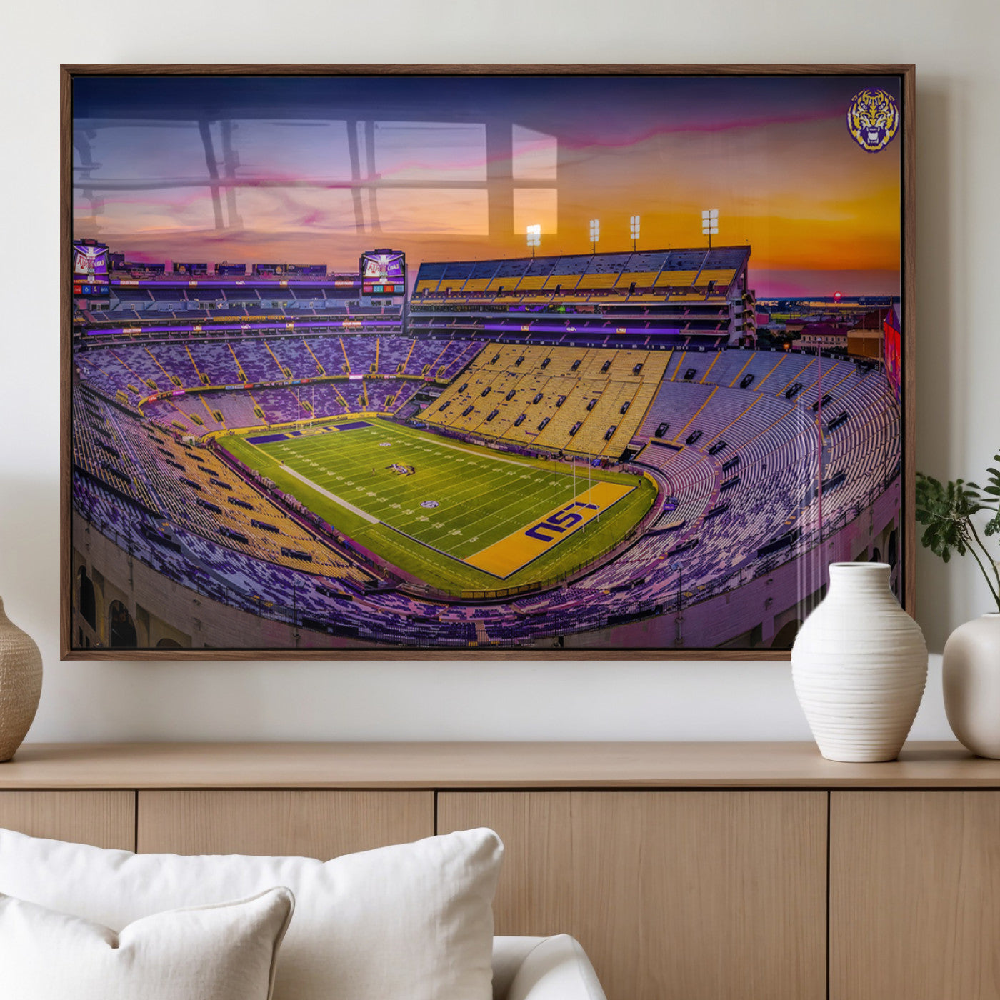 93538-MGV-FP-60X30-3P_Walnut-The Louisiana State University Tigers Football Team Print - Baton Rouge Tiger Stadium Wall Art