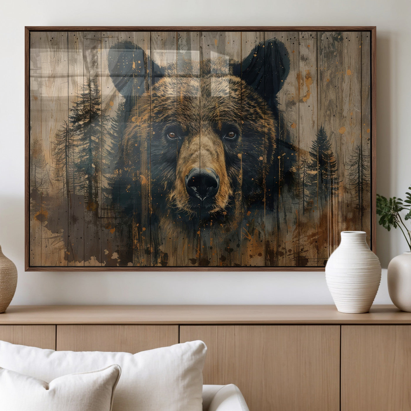 MGV-FP-60X30-3P - Abstract 399 Bear Wall Art | Rustic Cabin Wall Decor with Forest Design | Framed and Ready to Hang |