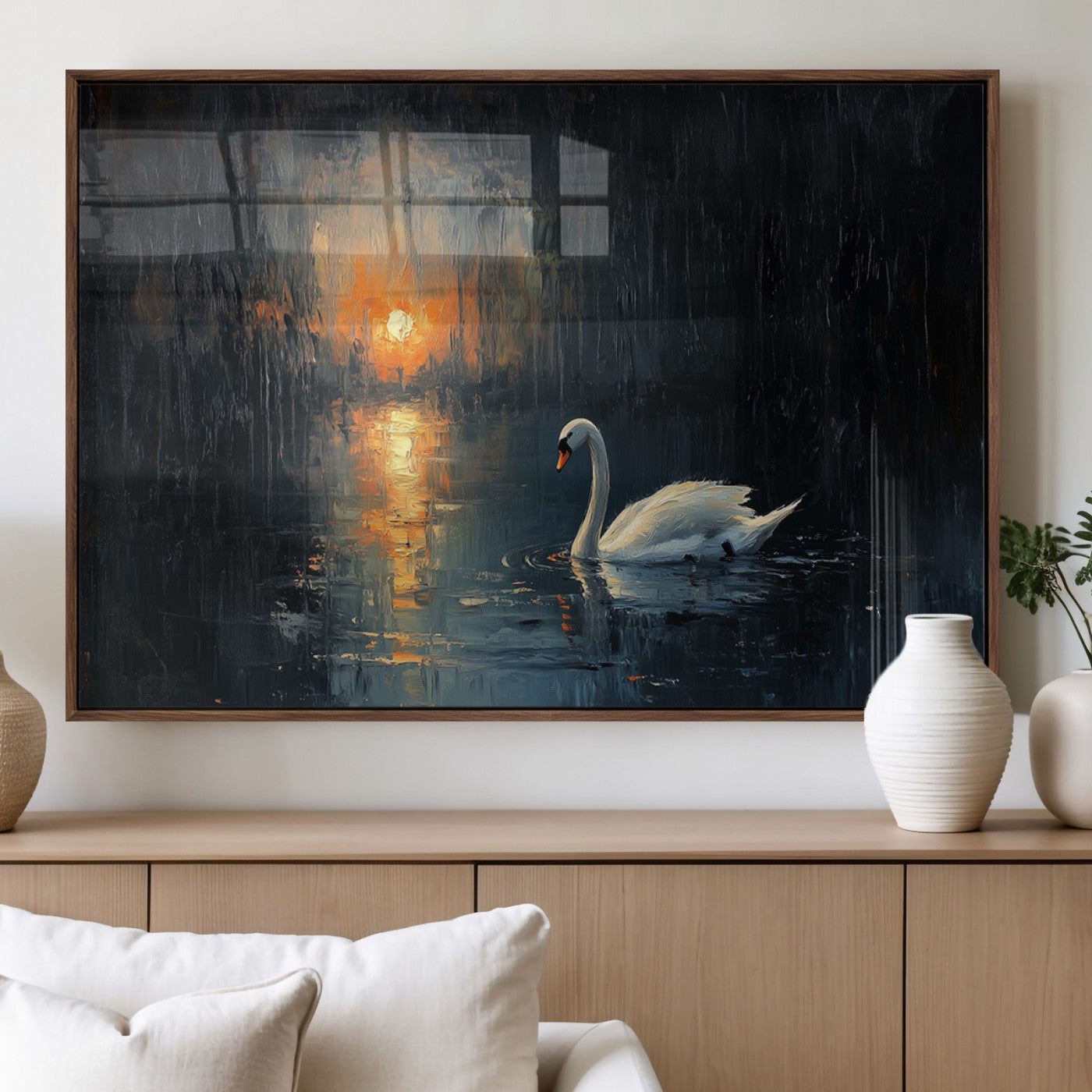MGV-FP-36X24-3P - Abstract Swan on Water Wall Art Canvas Print - Elegant Nature Scene for Modern Home Decor