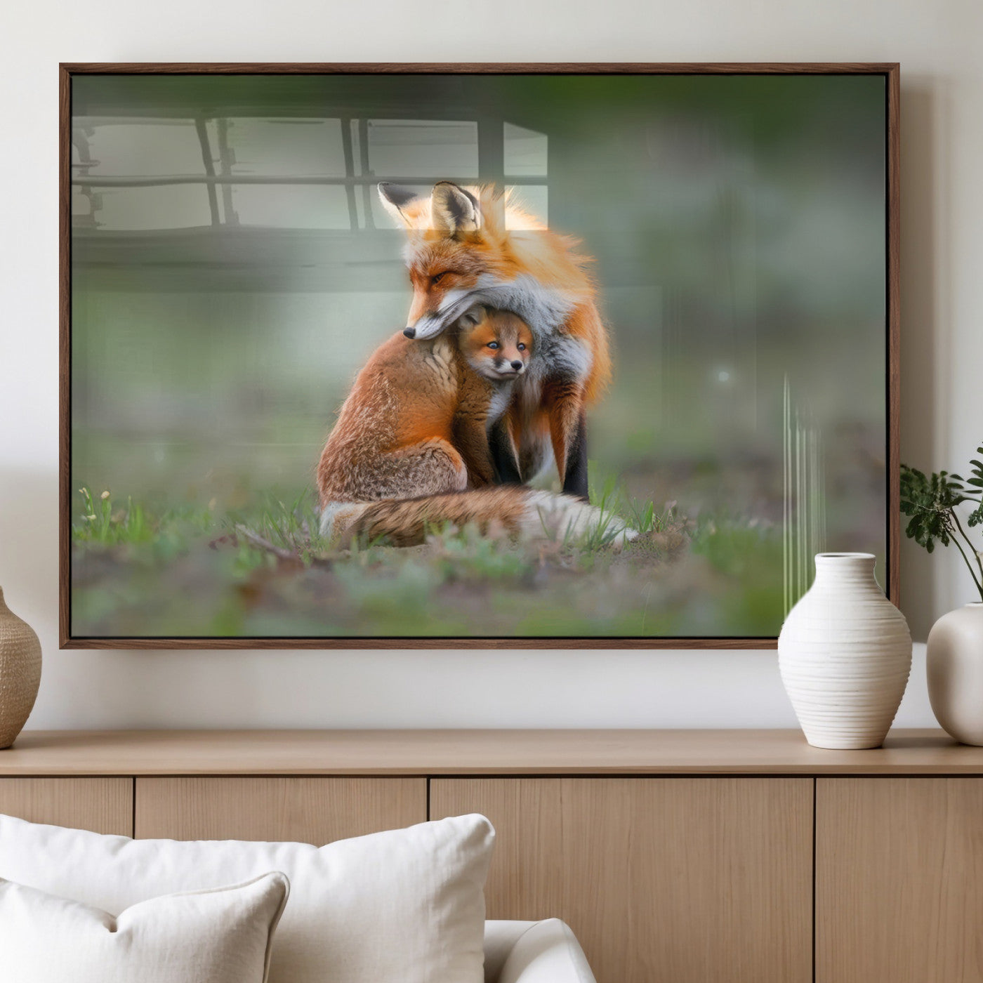 MGV-FP-60X30-3P - Heartwarming Fox and Baby Cub Wall Art | Ready to Hang Canvas Print of Foxes in Nature | Perfect for