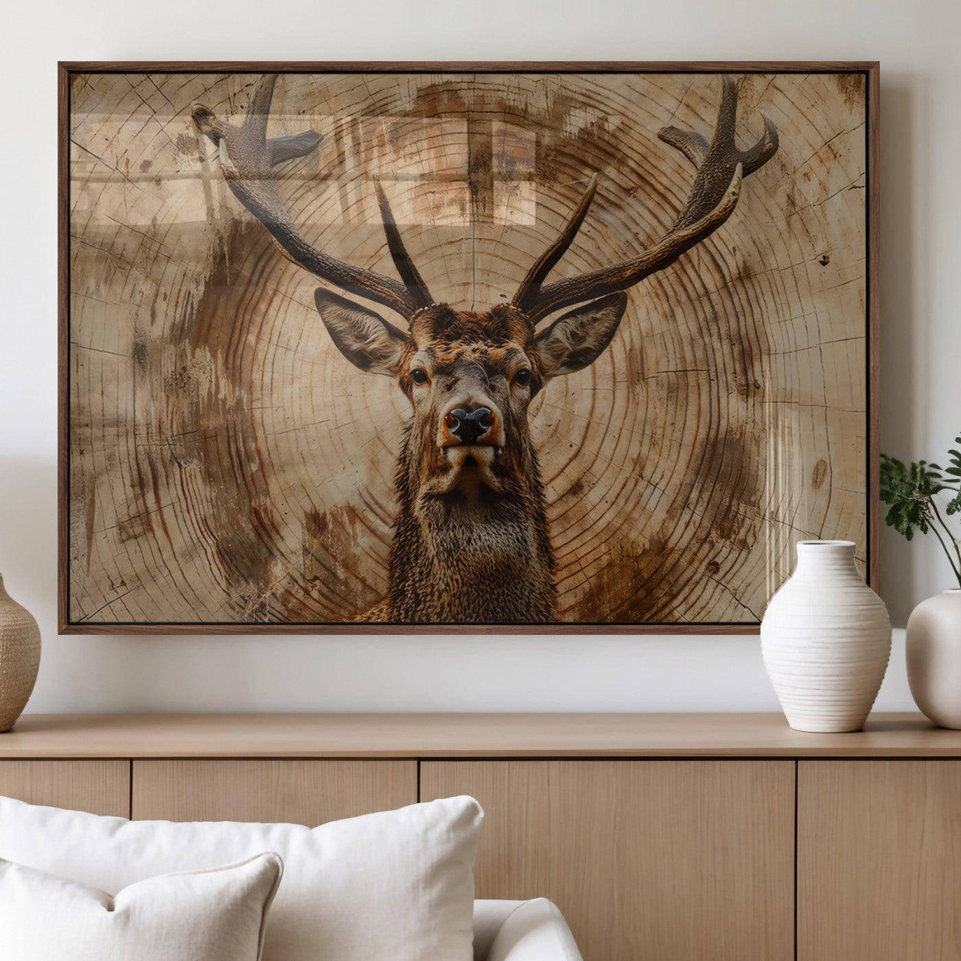 MGV-FP-60X30-3P - Wood Abstract Deer Wall Art | Rustic Wildlife Canvas Print | Ready to Hang Stag Head Triptych for