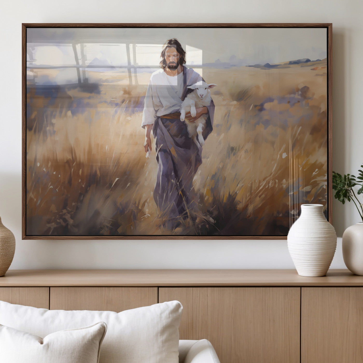 MGV-FP-60X30-3P - Jesus the Good Shepherd Wall Art Canvas Print - Lost Lamb Print for Prayer Room Decor