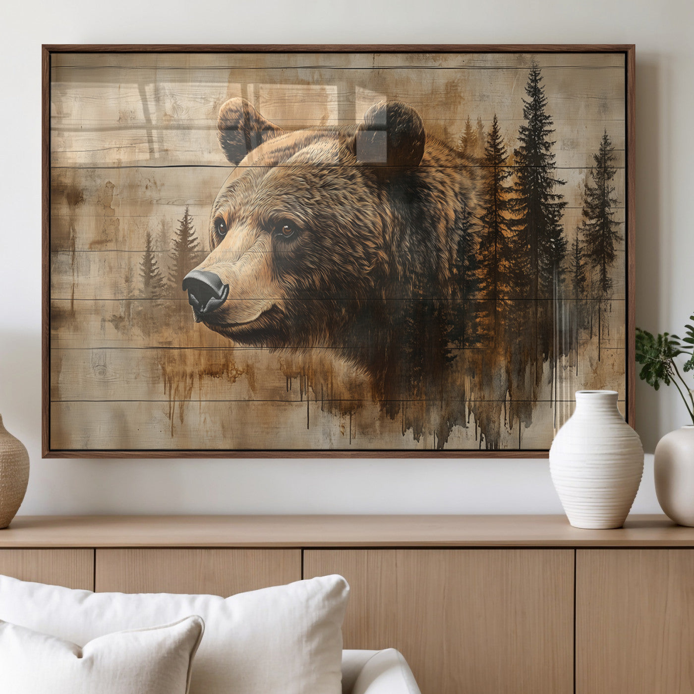 MGV-FP-60X30-3P - Rustic Grizzly Bear Wall Art, Abstract Grizzly 399 Bear Wall Art Canvas Print - Woodland Wildlife