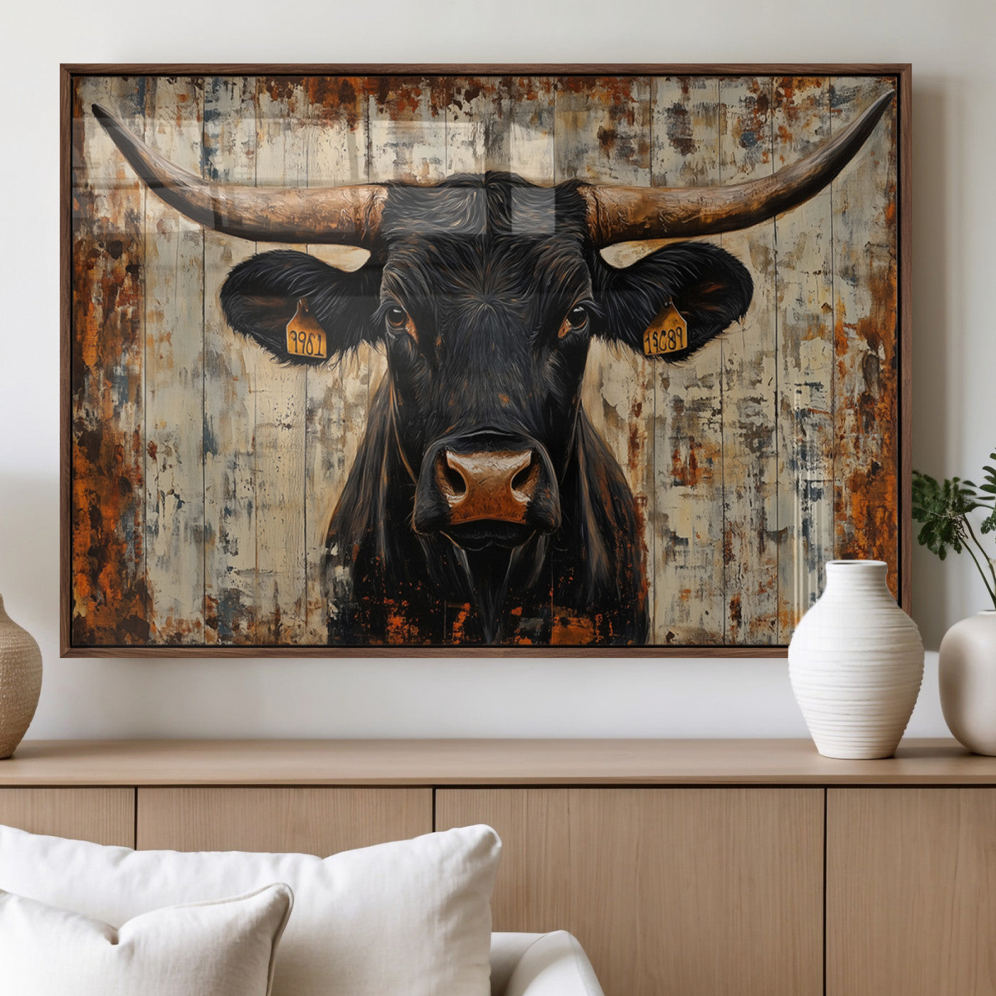 MGV-FP-60X30-3P - Rustic Texas Artwork Wall Art Canvas Print - Abstract Cow Longhorn Bull Wall Art Canvas Print