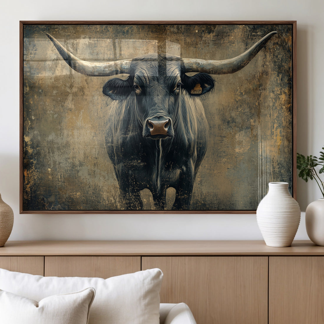 Texas Longhorn Bull Wall Art, Framed Rustic Cow Canvas Print, Western Farmhouse Decor