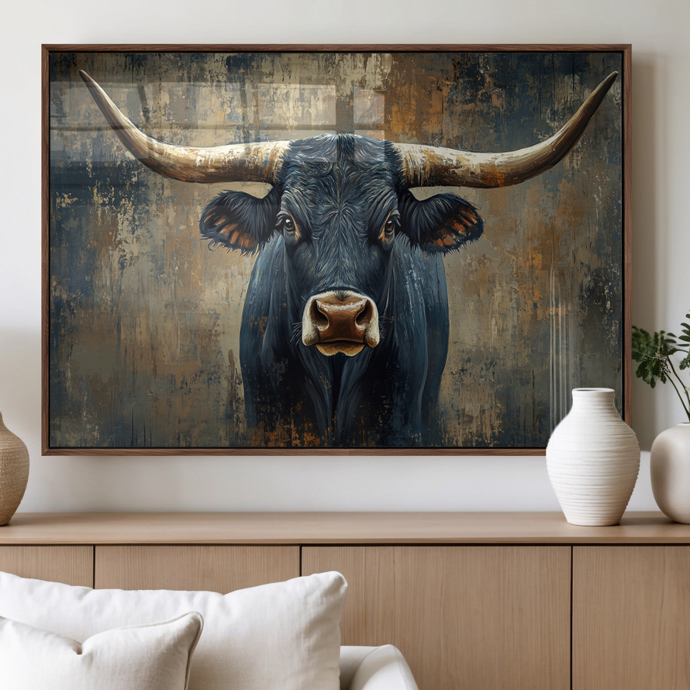 MGV-FP-60X30-3P - Texas Western Wall Art Canvas Print - Abstract Cow Longhorn Bull Wall Art Canvas Print - Rustic Cow