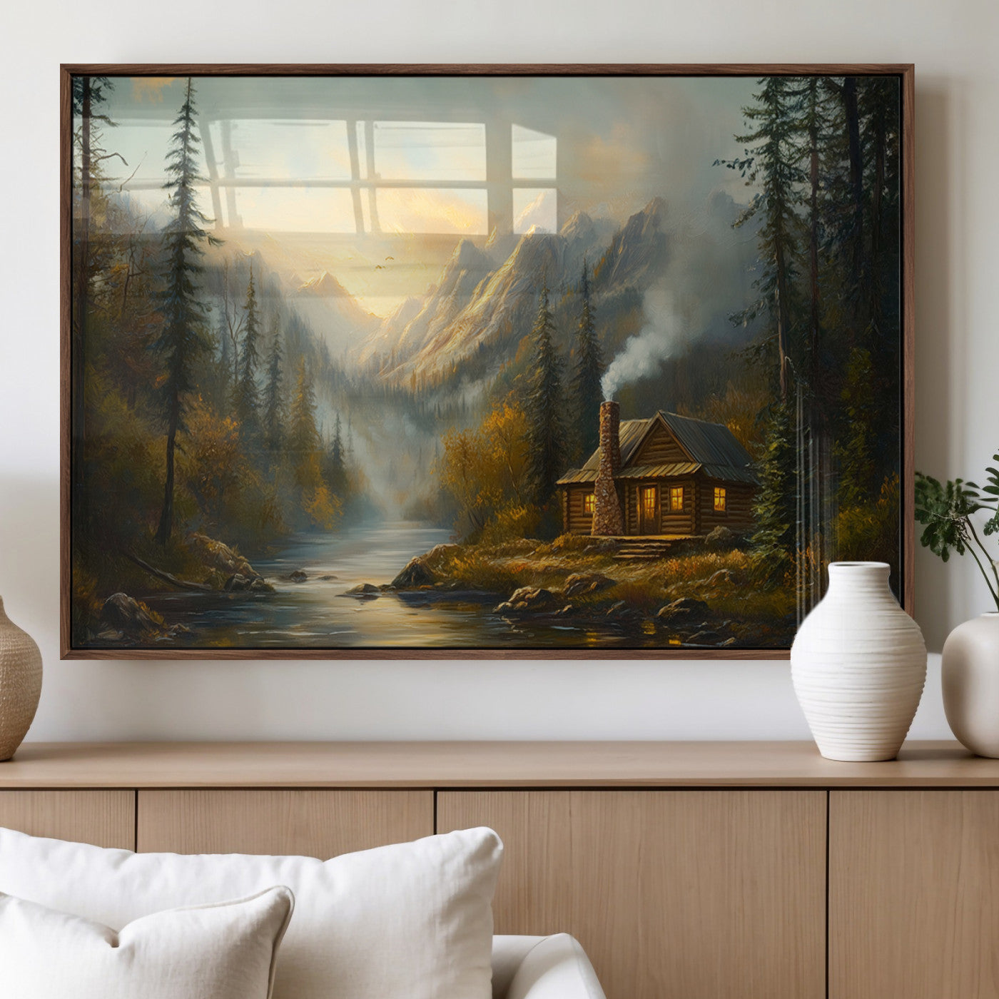 MGV-FP-60X30-3P - Wood Cabin Retreat Mountain at Sunset Wall Art Print - Serene Forest and River Landscape Wall Art