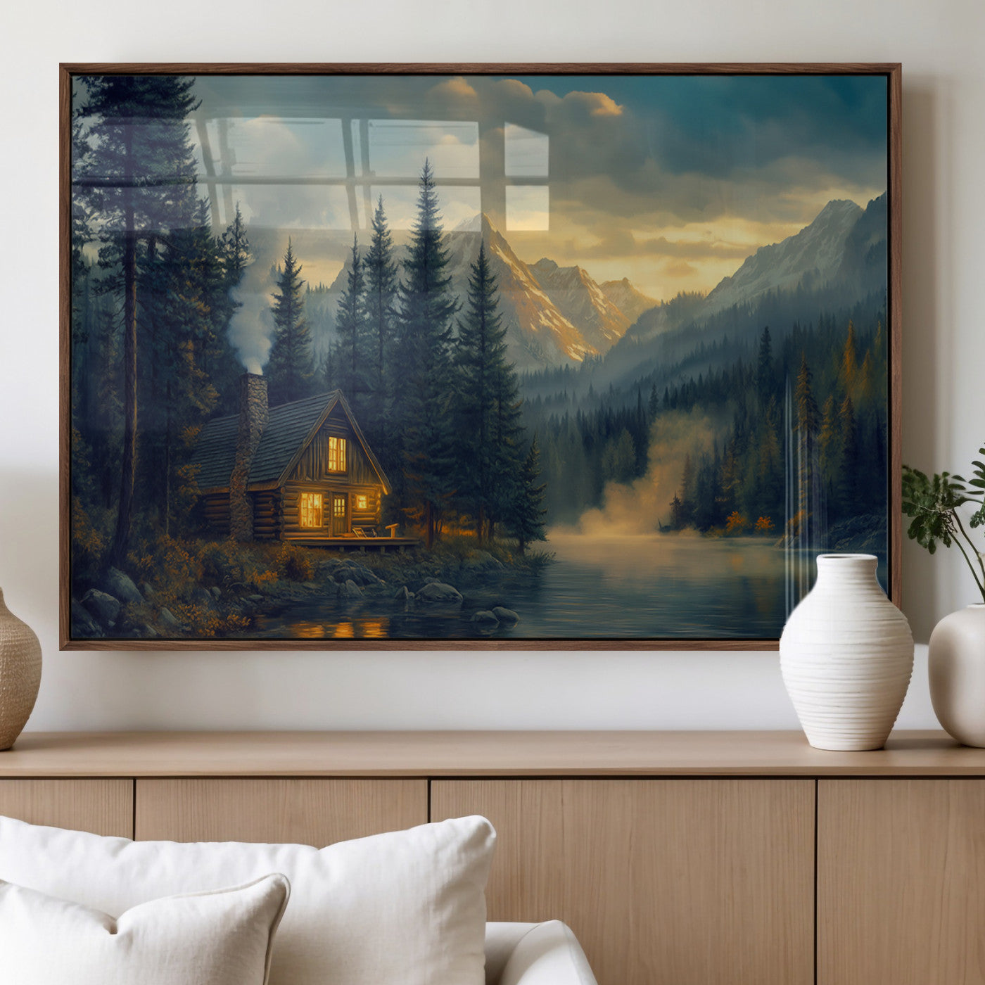 MGV-FP-60X30-3P - Mountain Cabin by the Lake at Sunset Wall Art - Serene Nature Canvas Print for Living Room Decor,