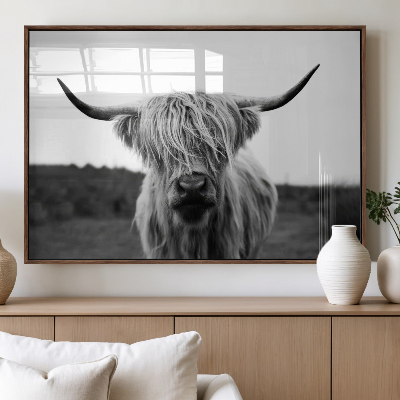 MGV-FP-60X30-3P - Highland Cow Wall Art | Black and White Farmhouse Decor | Triptych Canvas Print | Rustic Barn Decor