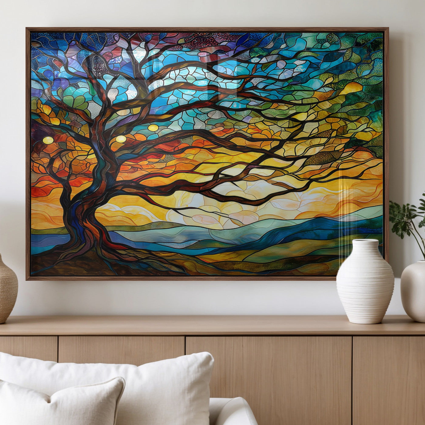 MGV-FP-60X30-3P - Mosaic Tree Wall Art | Ready to Hang Stained Glass Style Canvas Print | Farmhouse Wall Decor, Cabin