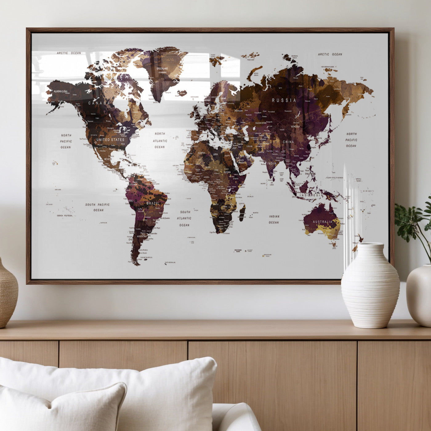 MGV-FP-36X24-3P - Push Pin World Map Canvas Print – Framed Wall Art for Couples to Track Their Travels – Anniversary