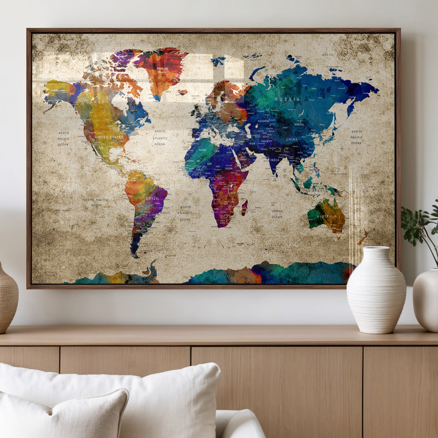 MGV-FP-36X24-3P - Push Pin World Map Canvas Print – Framed Wall Art for Couples to Track Their Travels – Anniversary