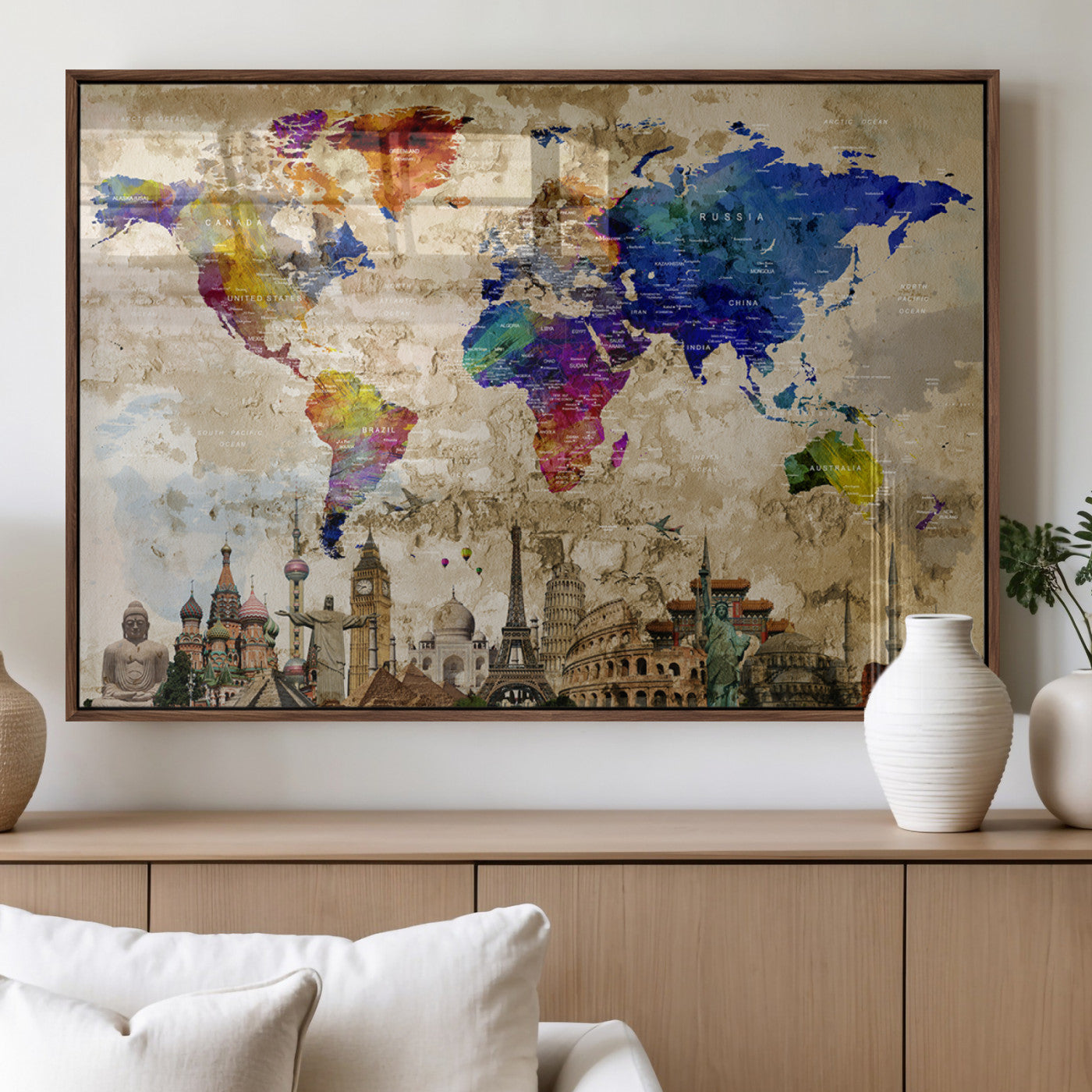MGV-FP-60X30-3P - Push Pin World Map Canvas Print – Framed Wall Art for Couples to Track Their Travels – Anniversary