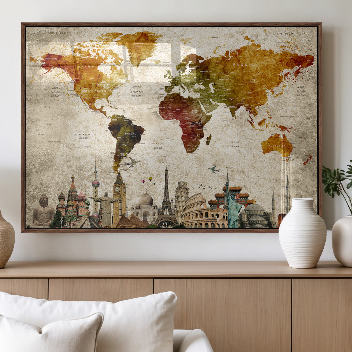 MGV-FP-36X24-3P - Push Pin World Map Canvas Print – Framed Wall Art for Couples to Track Their Travels – Anniversary