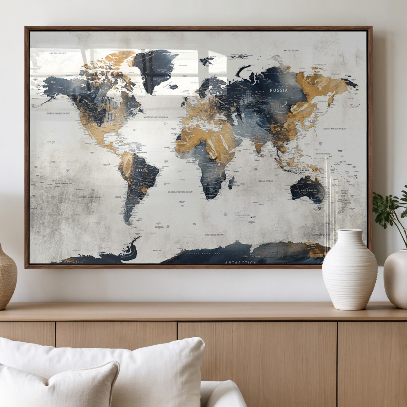 MGV-FP-36X24-3P - Push Pin World Map Canvas Print – Framed Wall Art for Couples to Track Their Travels – Anniversary