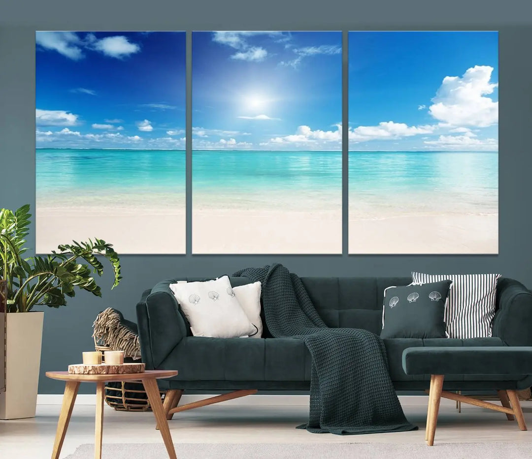 A contemporary living room showcasing the Wall Art Canvas Light Blue Beach and Ocean View.