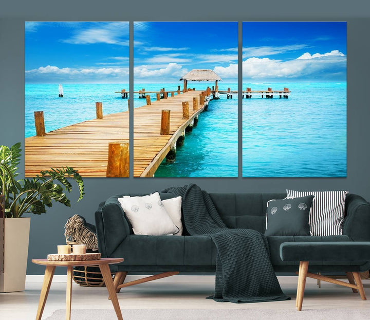 Tropical Pier Triptych Wall Art, Stunning Turquoise Ocean and Wooden Dock Canvas Print, Coastal Beach House Decor, Ocean View Canvas Art