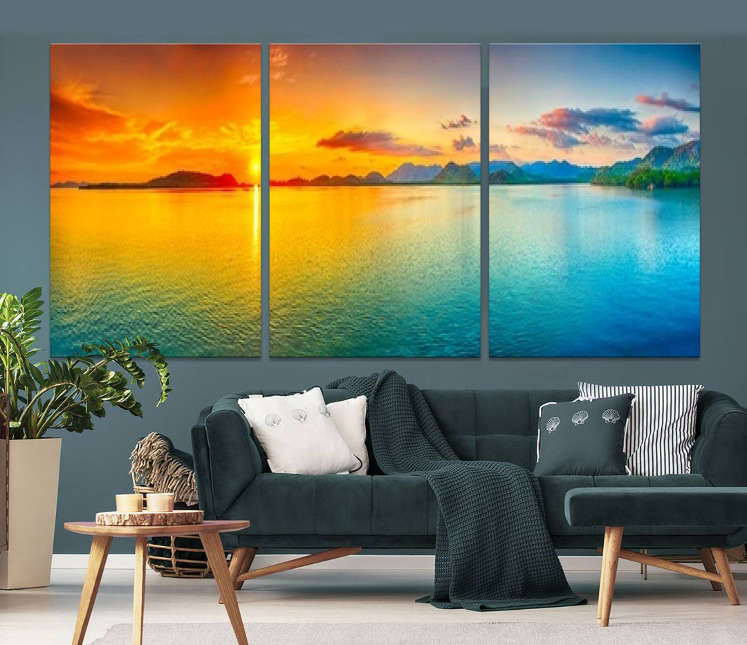 Impresión en lienzo de arte de pared grande, puesta de sol colorida, mar y montaña para decoración de sala de estar