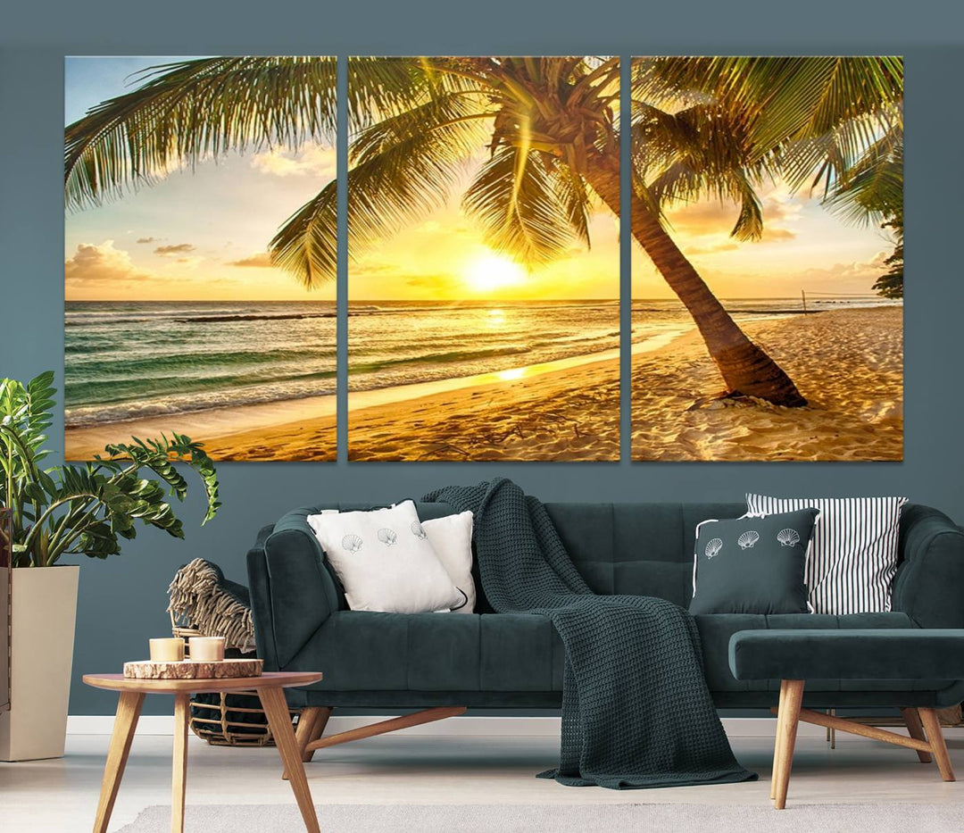 Wall Art Canvas Print Palm on Beach at Bright Sunset